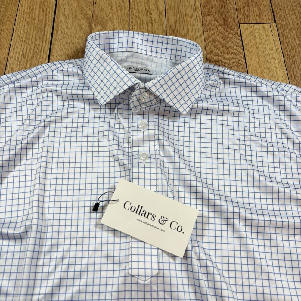 NWT Collars and Co Men’s Size Medium Dress Collar Polo Shirt Blue White Grid